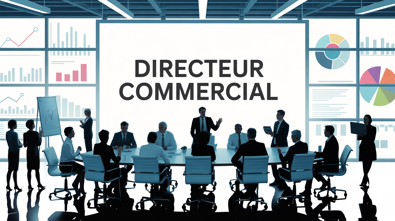 directeur commercial en réunion autour d'une table, écran avec données
