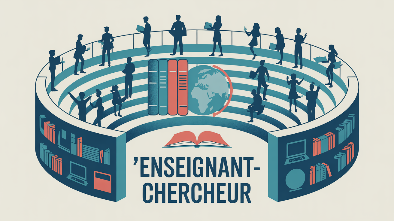 Illustration amphi enseignant chercheur étudiants livres globe