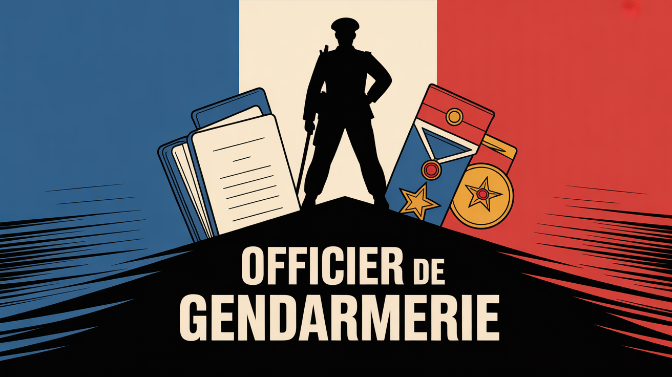 Silhouette officier gendarmerie sur fond tricolore, dossier, diplôme et médaille