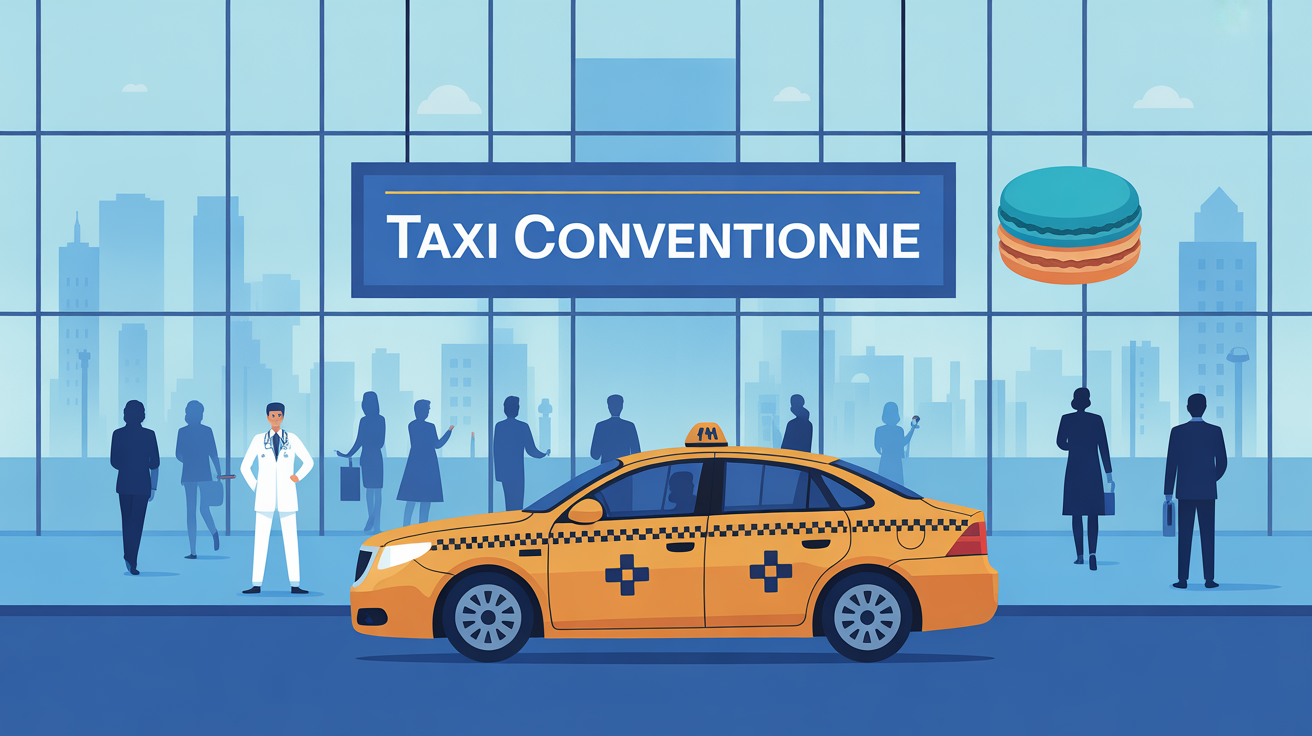 Taxi conventionne devant batiment macaron bleu