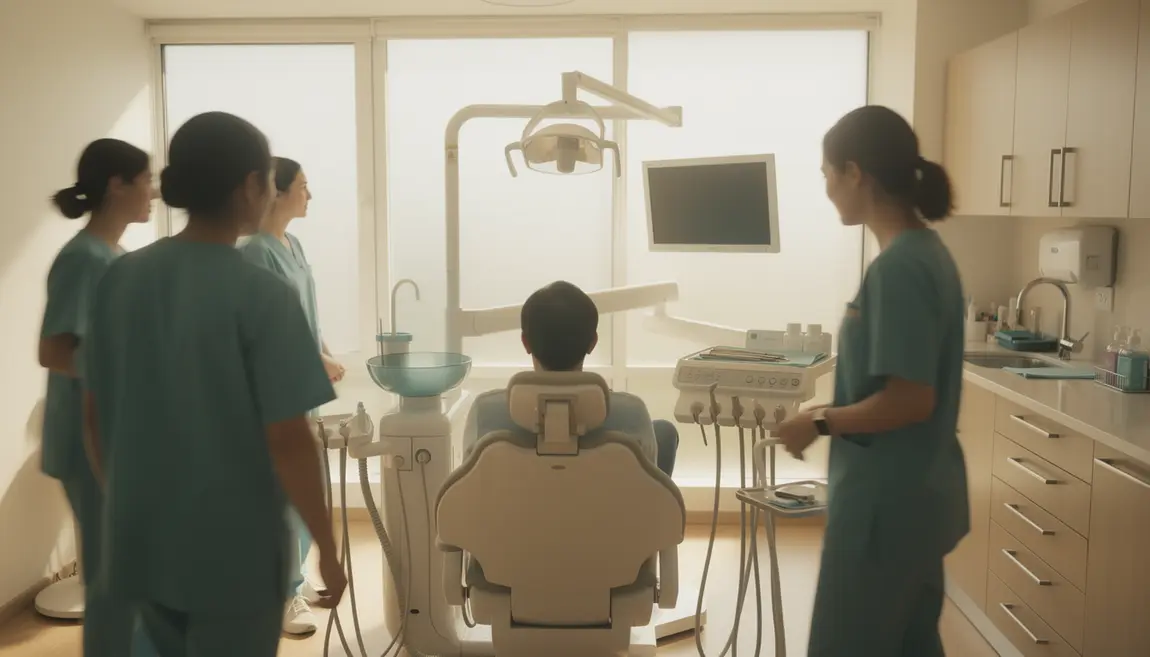 Salle de soins dentaire moderne avec assistante et materiel medical