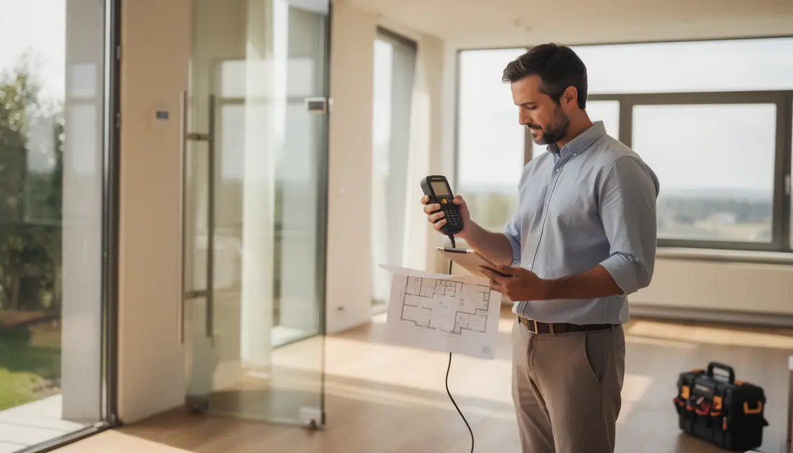 diagnostiqueur immobilier utilisant outils diagnostic dans maison lumineuse