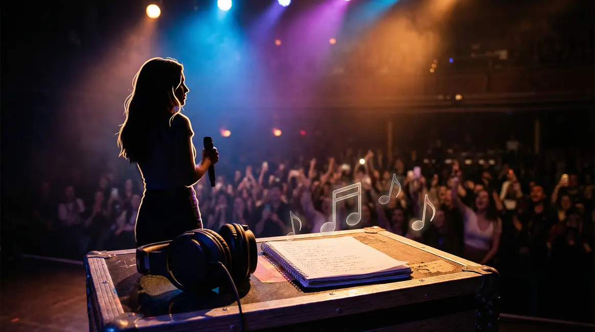 Femme chanteuse debout sur scène avec micro et projecteurs