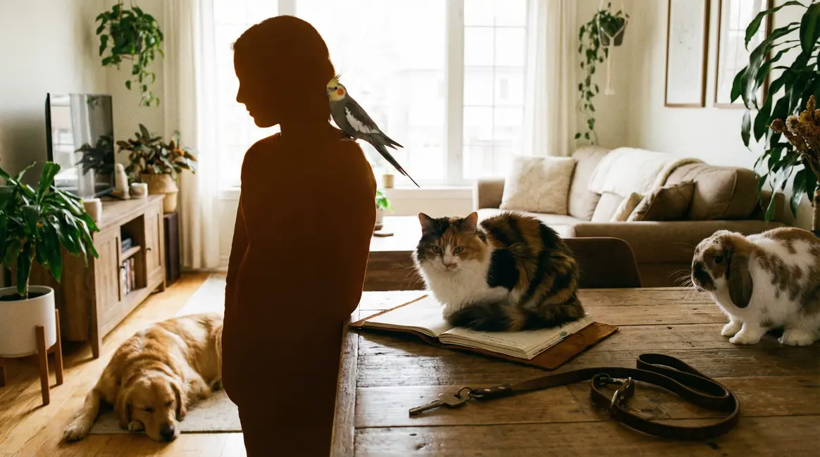 pet sitter entouré animaux carnet organisation