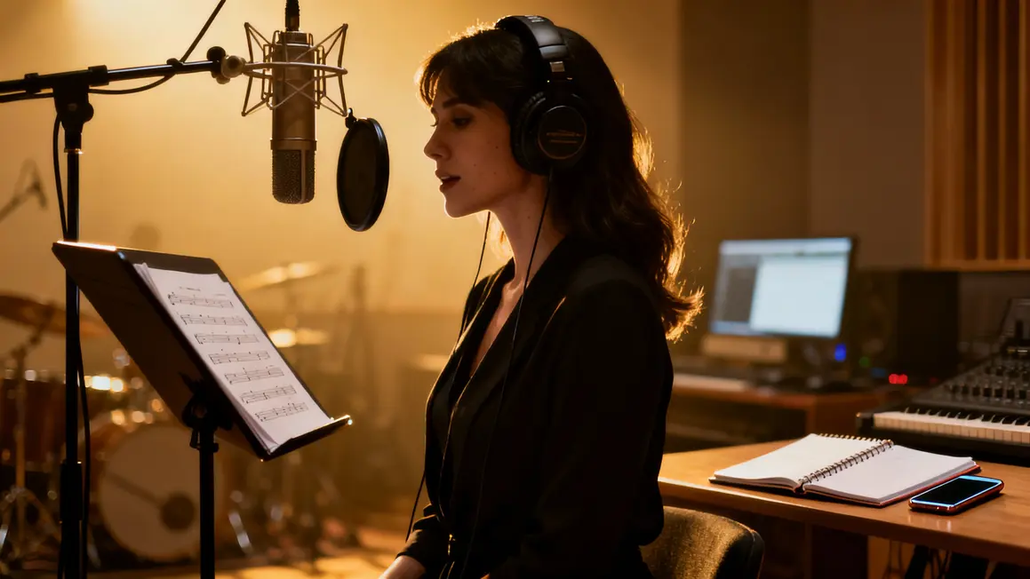 Chanteuse en studio micro casque partitions musique