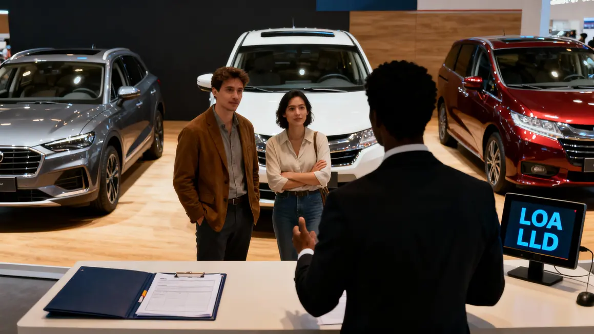 vendeur automobile expliquant LOA LLD en exposition