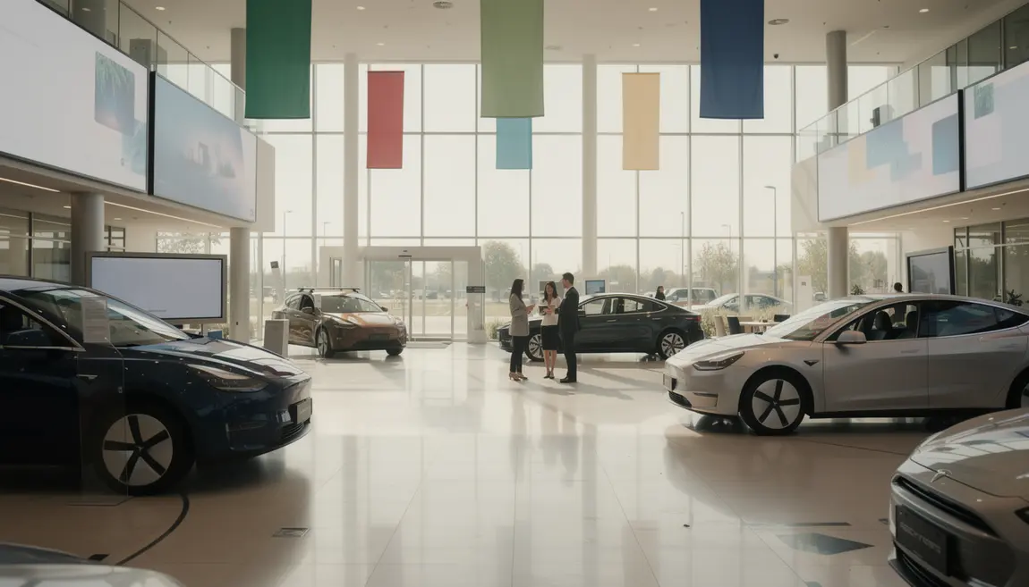 vendeur automobile devant voitures electriques hybrides en concession