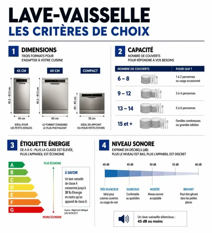 Infographie comparative pour choisir son lave-vaisselle selon la taille, la capacité et la consommation énergétique