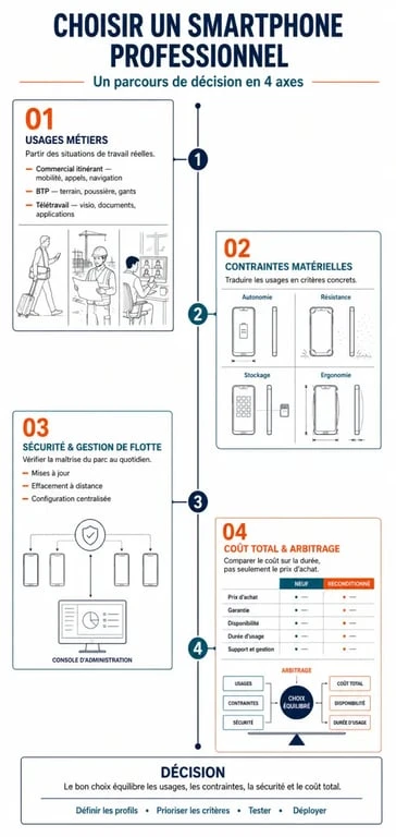 Infographie sur les critères pour choisir un smartphone professionnel selon les usages, la sécurité et le coût total